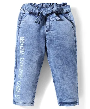 Babyhug
                              Full Length Denim Jeans Washed with
                              Stretch Bow Applique & Good Vibes Only
                              Print - Blue