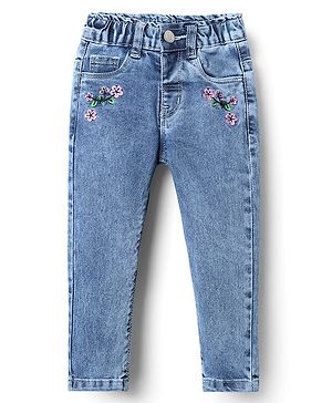 Babyhug Denim Full Length Jeans With Floral Embriodery - Blue