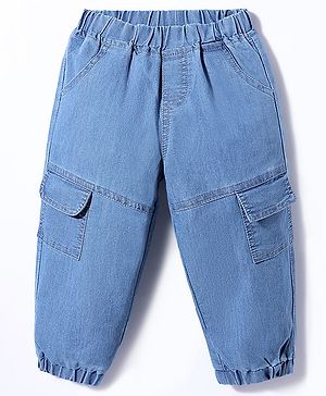 Babyhug Denim Full Length Washed Joggers With Stretch & Side Pockets - Blue