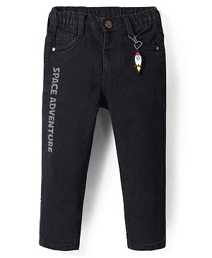 Babyhug Full Length Denim Jeans Washed with Stretch Space Adventure Print & Rocket Applique - Black