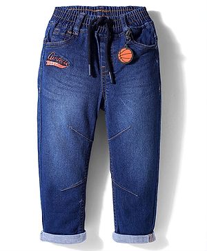 Babyhug Full Length Washed Denim Jeans with Stretch & Text Embroidery - Blue