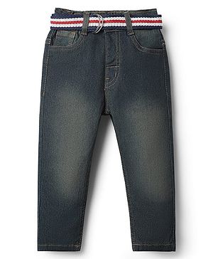 Babyhug Denim Full Length Washed Jeans With Stretch & Belt - Navy Blue