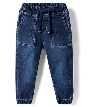 Babyhug Full Length Solid Denim Joggers With Stretch - Blue