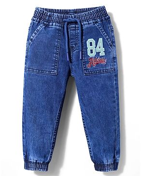 Babyhug Full Length Denim Joggers with Stretch & 84 Athletic Embroidery - Blue