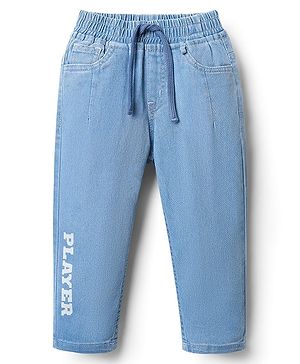 Babyhug Full Length Washed Stretchable Denim Jeans With Player Print - Light Blue