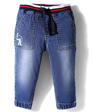 Babyhug Full Length Washed Denim Joggers With LA Print & Stretch - Blue