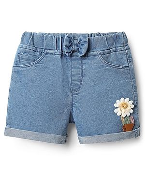 Babyhug Mid Thigh Length Shorts With Stretch Bow & Floral Applique - Blue