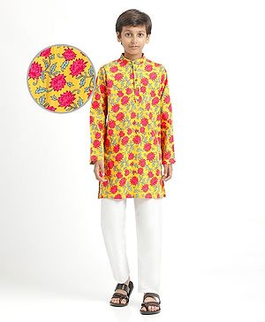 Pine Kids Cotton Woven Mandarin Collar Full Sleeves Kurta Pajama Set With Floral Print - Mustard