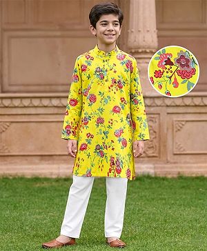 Pine Kids Cotton Knit Full Sleeves Kurta & Pyjama Set With Floral Print - Yellow