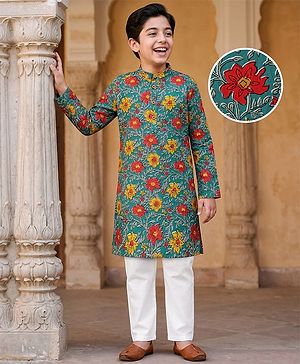 Pine Kids Cotton Woven Mandarin Collar Full Sleeves Kurta Pajama Set With Floral Print - Teal Blue