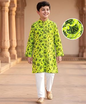 Pine Kids Cotton Knit Full Sleeves Kurta & Pyjama Set With Floral Print - Green
