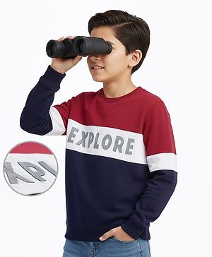 Pine Kids Cotton Knit Full Sleeves Cut & Sew Sweatshirt with Text Print - Red & Navy Blue