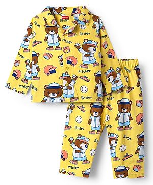 Babyhug Cotton Knit Full Sleeves Front Open Co-Ords Night Suit With Cartoon Print - Yellow