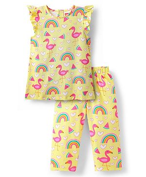 Babyhug Cotton Knit Frill Sleeves Co-ords Night Suit With Heart & Bird Print - Yellow