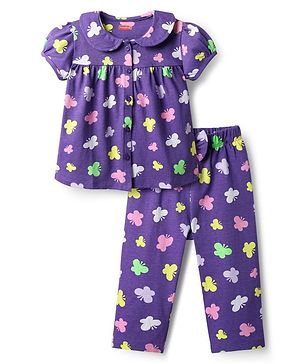 Babyhug Cotton Knit Front Open Half Sleeves Co-ords Night Suit With Butterfly Print - Purple