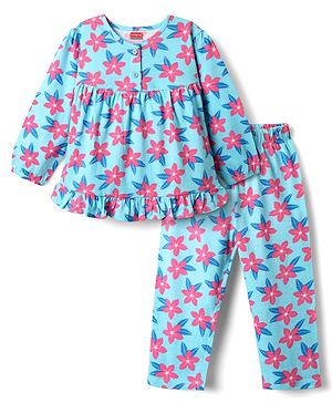 Babyhug Cotton Knit Full Sleeves Co-ords Night Suit With Floral Print - Light Blue