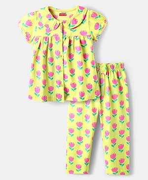 Babyhug Cotton Knit Half Sleeves Front Open Co-Ord Night Suit with Floral Print - Light Green