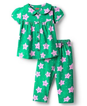 Babyhug Cotton Knit Half Sleeves Front Open Co-Ords Night Suit With Star Print - Green