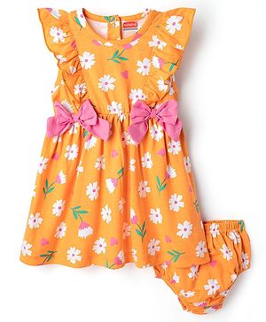 Babyhug Single Jersey Knit Frill Sleeves Floral Printed Frock with Bloomer & Bow Applique - Orange