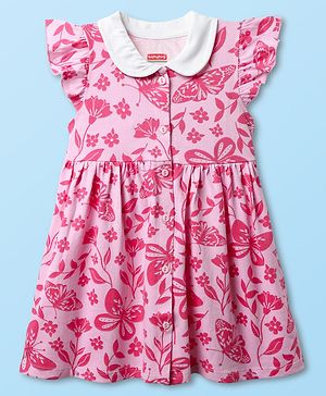 Babyhug Single Jersey Knit Peter Pan Collar Frill Sleeves Frock With Floral Print - Pink