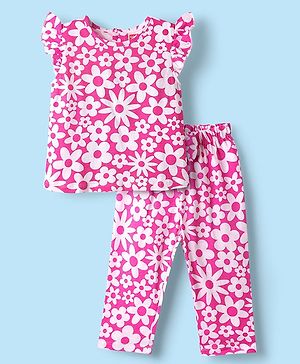 Babyhug Cotton Knit Frill Sleeves Co-Ord Night Suit With Floral Print - Pink