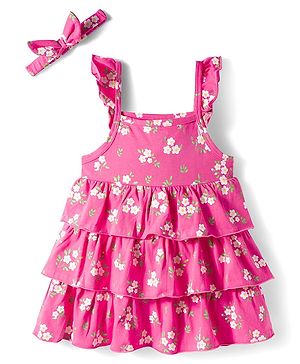 Babyhug Single Jersey Knit Frill Sleeves Layered Frock with Floral Print & Bow Applique Headband - Pink
