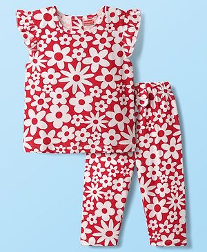 Babyhug Cotton Knit Frill Sleeves Co-ords Night Suit With Floral Print - Red