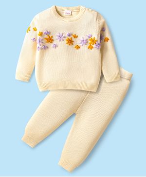 Babyhug Knitted Full Sleeves Sweater Set with Floral Embroidery - Cream
