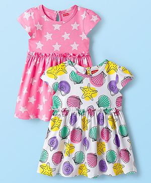 Babyhug Single Jersey Knit Half Sleeves Frocks With Seashell & Starfish Print Pack of 2 - Pink & White
