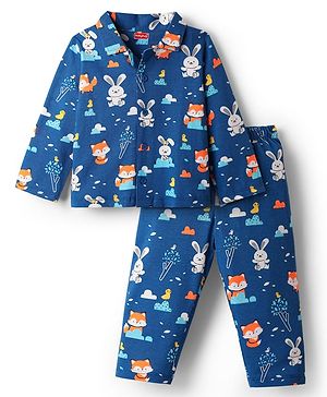 Babyhug Cotton Knit Full Sleeves Front Open Co-ords Night Suit With Animal Print - Blue