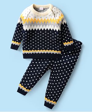 Babyhug Knitted Full Raglan Sleeves Sweater Set with Argyle Design - Navy Blue & Yellow
