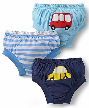 Doodle Poodle 100% Cotton Single Jersey Knit Brief With Stripes & Vehicle Print Pack Of 3 - Navy Blue & Light Blue