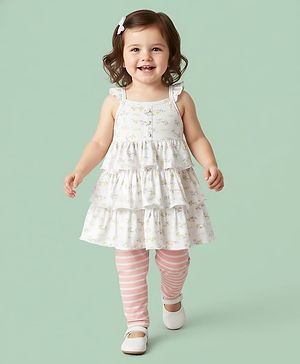 Babyhug Single Jersey Knit Sleeveless Frock With Floral Print & Striped Leggings - White