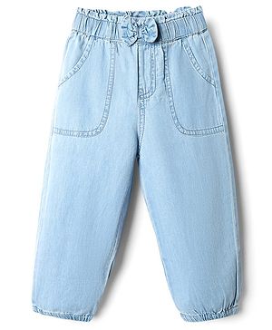 Babyhug Cotton Full Length Denim Jeans with Bow Applique - Light Blue