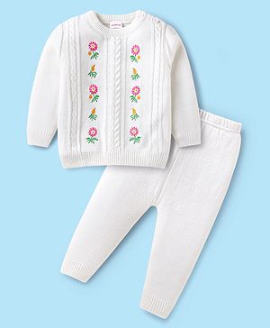Babyhug Knitted Full Sleeves Sweater Set with Cable Knit & Floral Design - White