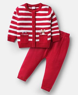 Babyhug Knitted Full Sleeves Front Open Sweater Set with Stripes - White & Red