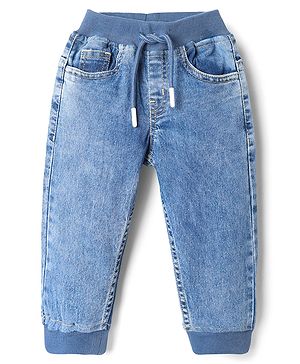 Babyhug Denim Full Length Washed Joggers With Stretch - Blue