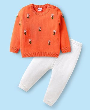 Babyhug Knitted Full Sleeves Sweater Set with Floral Embroidery - White & Orange