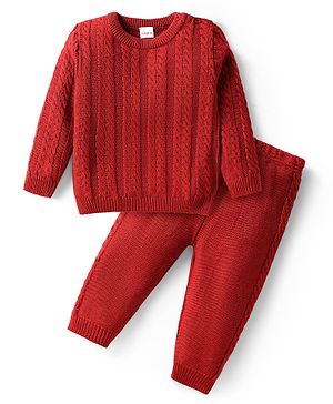 Babyhug Knitted Full Sleeves Sweater Set with Cable Net Design - Red