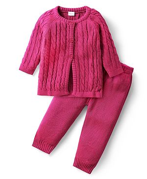 Babyhug Knitted Full Sleeves Front Open Sweater Set With Cable Knit Design - Fuchsia