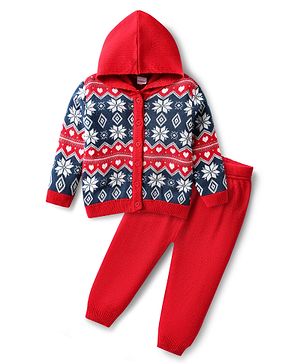 Babyhug Knitted Full Sleeves Hooded Sweater Set with Floral Design - Red