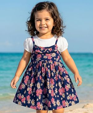 Babyhug Single Jersey Knit Half Sleeves Frock With Floral Print - Navy Blue & White