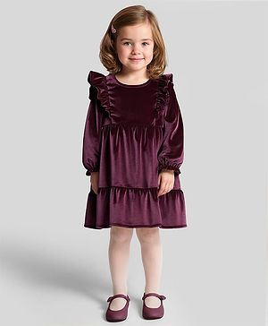 Bonfino Woven Full Sleeves Velour Solid Party Dress - Wine