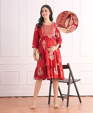 Bella Mama Viscose Woven Three Fourth Sleeves Maternity Dress with Floral Print & Embroidery on Neck - Dark Red