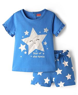 Babyhug Cotton Knit Half Sleeves Shorts Night Suit Set with Star Print Bow & Frill Detailing - Blue