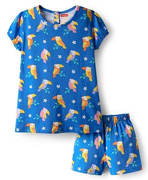Babyhug Cotton Knit Half Sleeves Shorts Co-Ord Night Suit With Bird & Floral Print - Blue