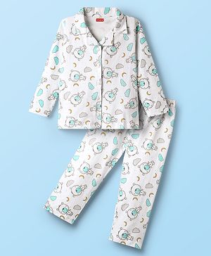 Babyhug Cotton Knit Front Open Full Sleeves Co-ords Night Suit With Animal Print - White