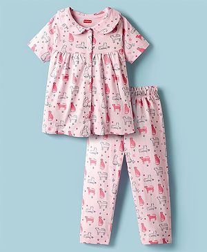 Babyhug Cotton Knit Half Sleeves Co-ords Night Suit With Animal Print - Pink