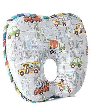 Babyhug Memory Foam Head Shaping Baby Pillow Transport Print - Grey| Prevents Flat-Head Syndrome| Firm| Neck and Shoulder Support| Soft Breathable Fabric| Washable| Travel Friendly| 0+ Months