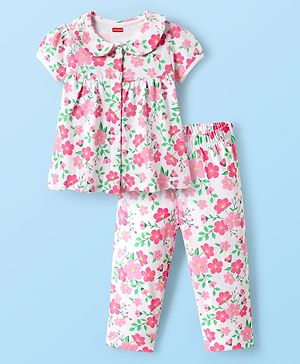 Babyhug Cotton Knit Half Sleeves Co-Ord Night Suit With Floral Print - White